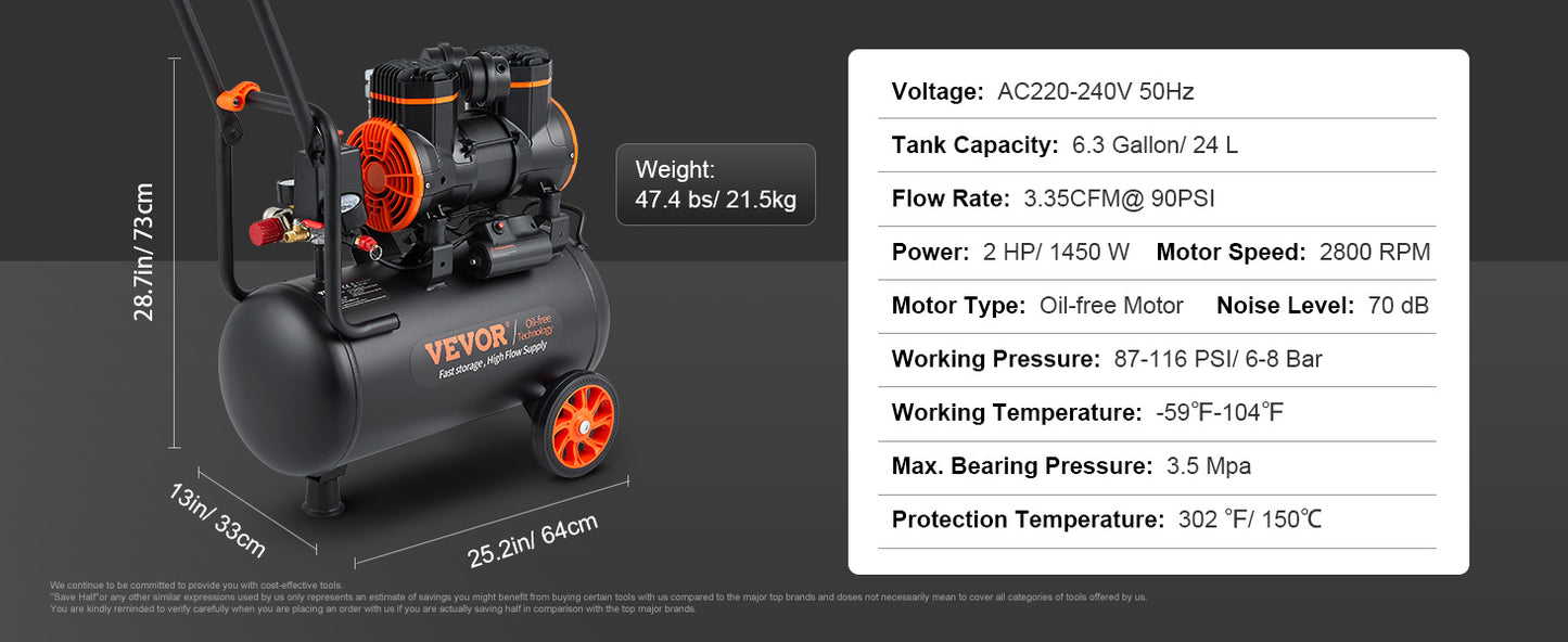 VEVOR Silent Air Compressor 900W 1450W 1800W Quiet Oil-free Portable Air Pump for Home Repair Tire Inflation Whisper Compressor