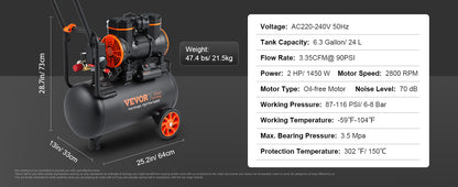 VEVOR Silent Air Compressor 900W 1450W 1800W Quiet Oil-free Portable Air Pump for Home Repair Tire Inflation Whisper Compressor