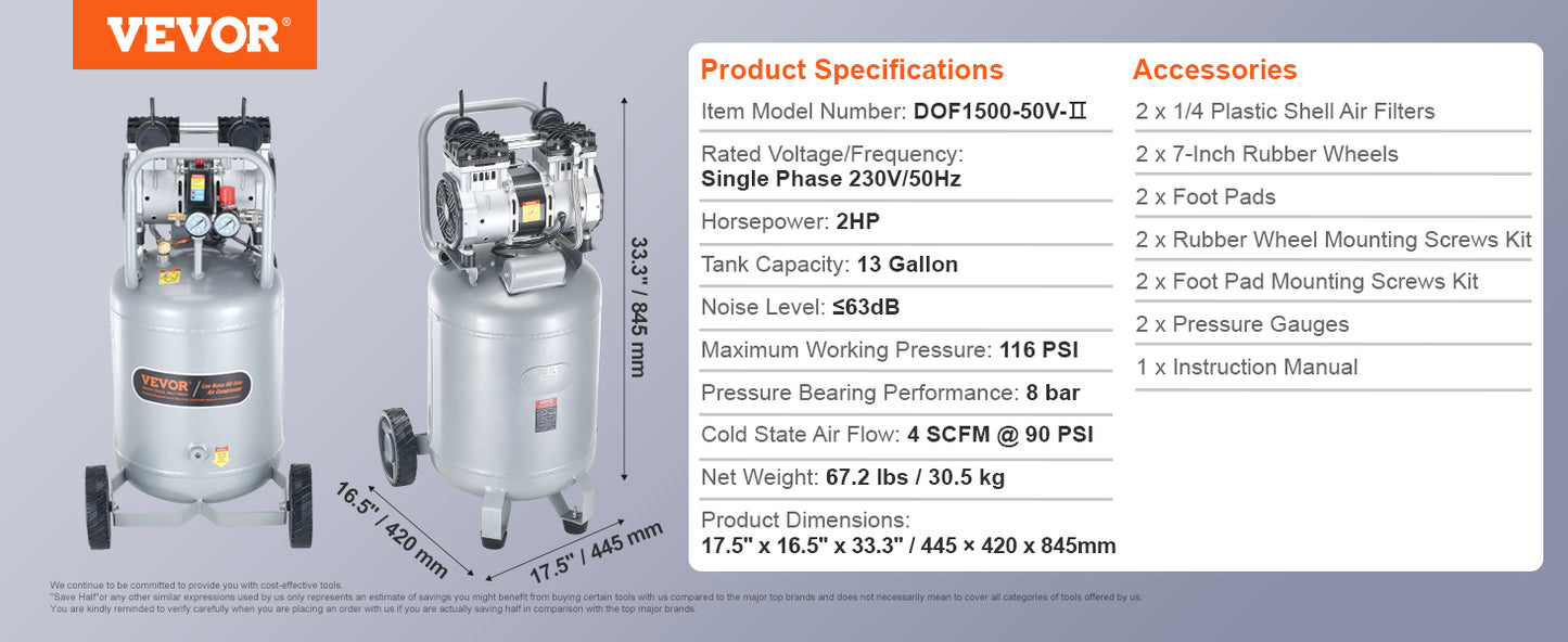 Compresor de aer VEVOR 2HP Compresor de aer fără ulei 116PSI Presiune maximă 63dB Compresor ultra silențios pentru reparații auto/umflarea anvelopelor