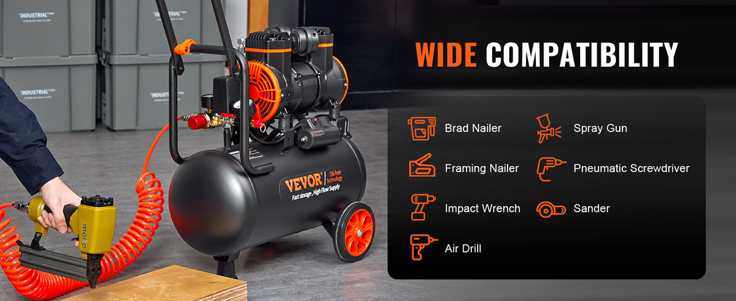 VEVOR Air Compressor, 9L 18L 24L 35L Oil Free Air Compressor Tank  116PSI Pressure, 70 dB Ultra Quiet Compressor for Auto Repair