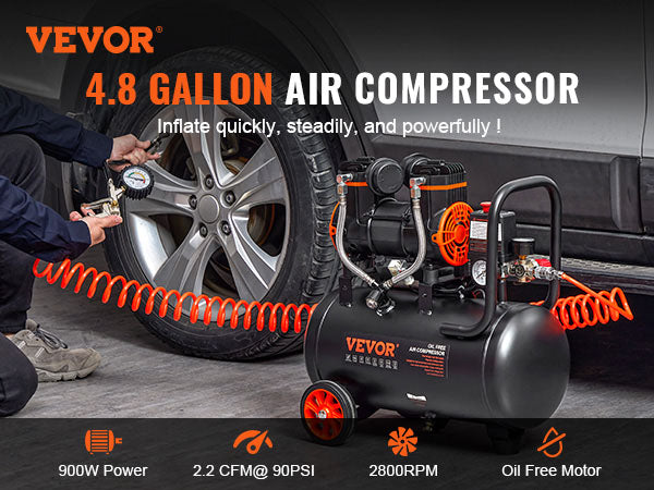 VEVOR 900w Air Compressor 90PSI Oil Free Air Compressor 70dB Ultra Quiet Compressor for Auto Repair/Tire Inflation/Spray Paint