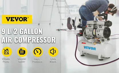 VEVOR 9L Silent Air Compressor with Pure Copper Motor 550W Oil-free Air Pump For Home Repair Tire Inflation Whisper Compressor