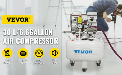 VEVOR Vertical Air Compressor 6.6/8.8 Gal Ultra Quiet Oil-Free Air Compressor 30L/40L Tank Silent Air Compressor 850W Low noise