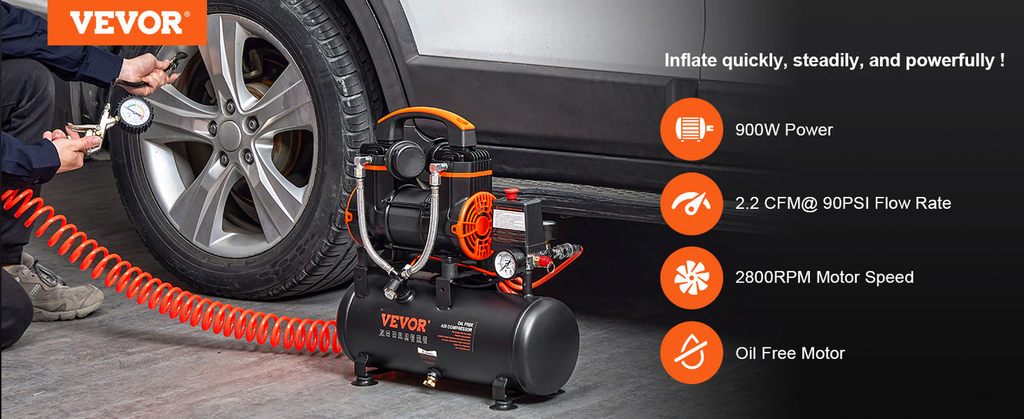 VEVOR Silent Air Compressor 900W 1450W 1800W Quiet Oil-free Portable Air Pump for Home Repair Tire Inflation Whisper Compressor