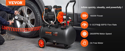 VEVOR 1800W 50Hz Air Compressor Oil Free Air Compressor W/35L Tank 70dB Ultra Quiet Compressor for Auto Repair/Tire Inflation