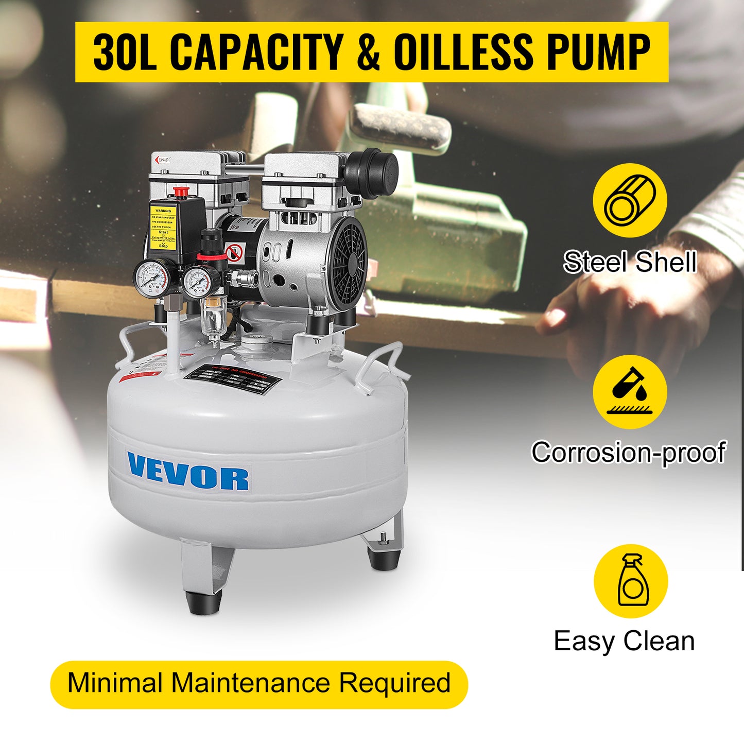 VEVOR Vertical Air Compressor 6.6/8.8 Gal Ultra Quiet Oil-Free Air Compressor 30L/40L Tank Silent Air Compressor 850W Low noise