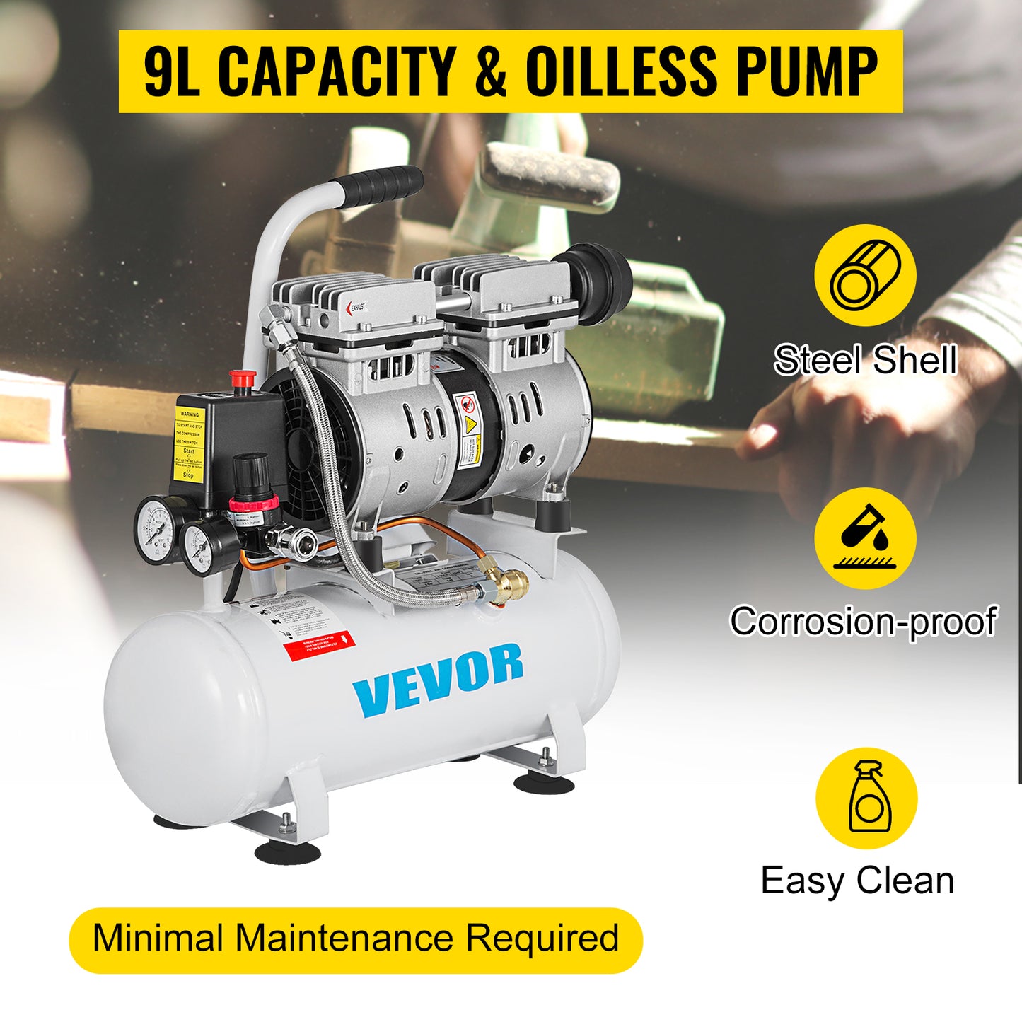 VEVOR 9L Silent Air Compressor with Pure Copper Motor 550W Oil-free Air Pump For Home Repair Tire Inflation Whisper Compressor