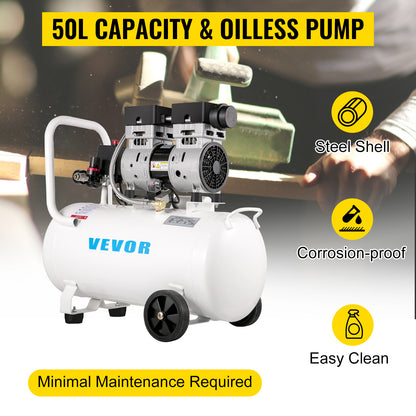 VEVOR 750W Air Compressor Quiet Oil-Free Air Compressor Portable Air Compressor W/50L Steel Tank for Home Repair/Tire Inflation