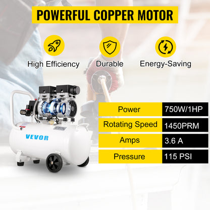 VEVOR 9L/30L Silent Air Compressor With Spray Gun Air Blow Gun Oil Free Air Compressor Pump For Homeuse Repair Tire Inflation