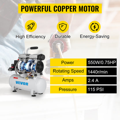 VEVOR Air Compressor 2Gal Ultra Quiet Oil-free Air Compressor 9L Tank Silent Air Compressor 550W Low noise w/ Pure Copper Motor