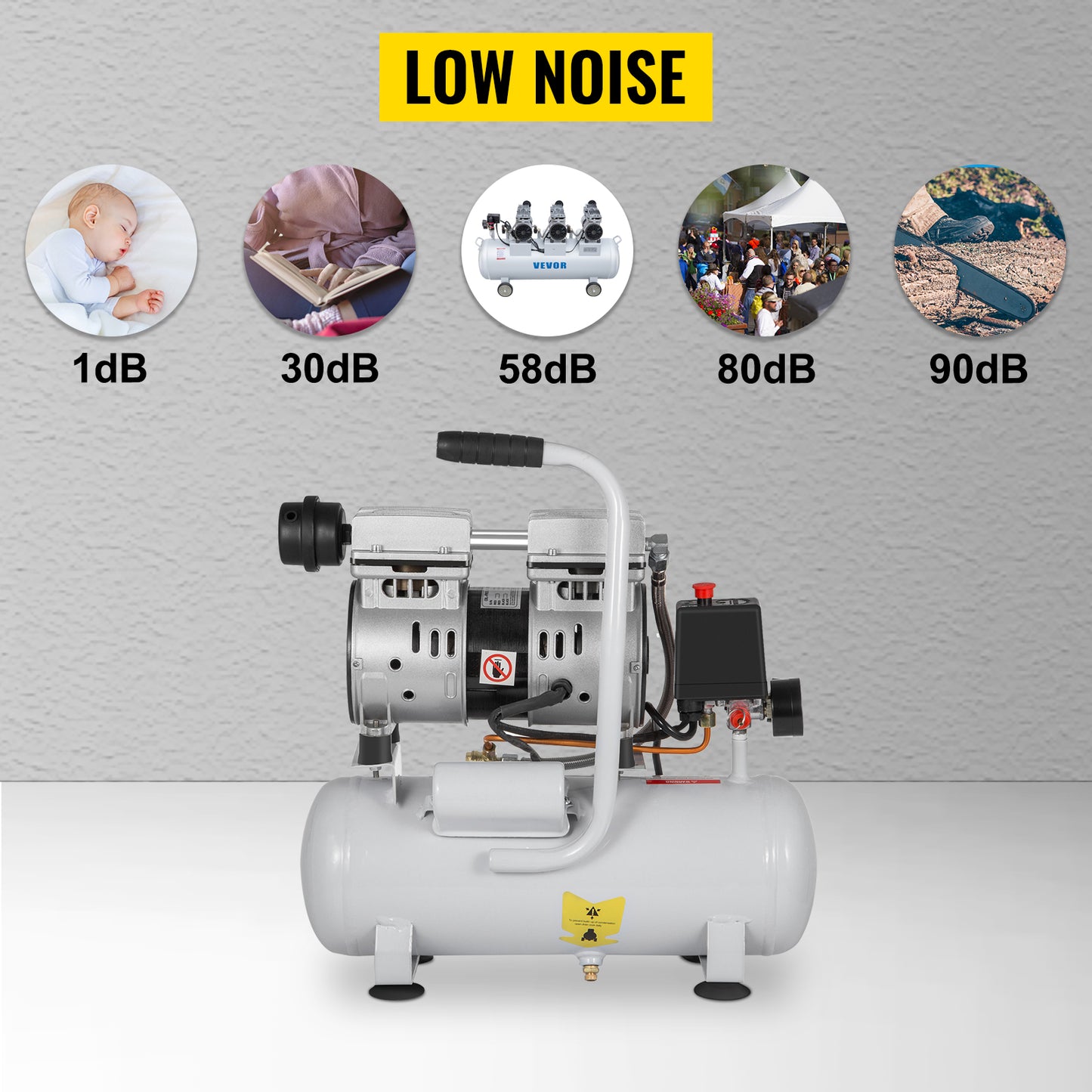 VEVOR 9L Silent Air Compressor with Pure Copper Motor 550W Oil-free Air Pump For Home Repair Tire Inflation Whisper Compressor