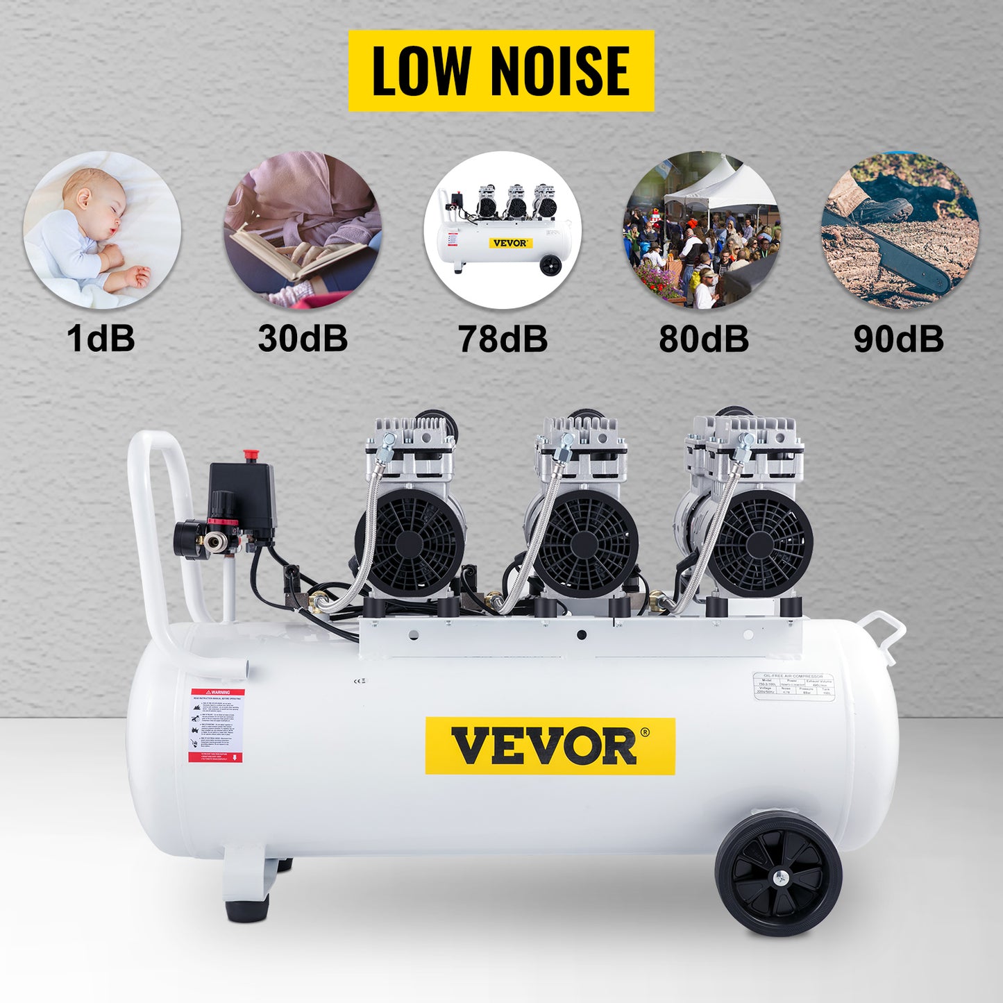 Compresor de aer VEVOR 100L cu manometru dublu, electrovalvă sigură 3HP, 22 galoane, compresor de aer silențios, fără ulei