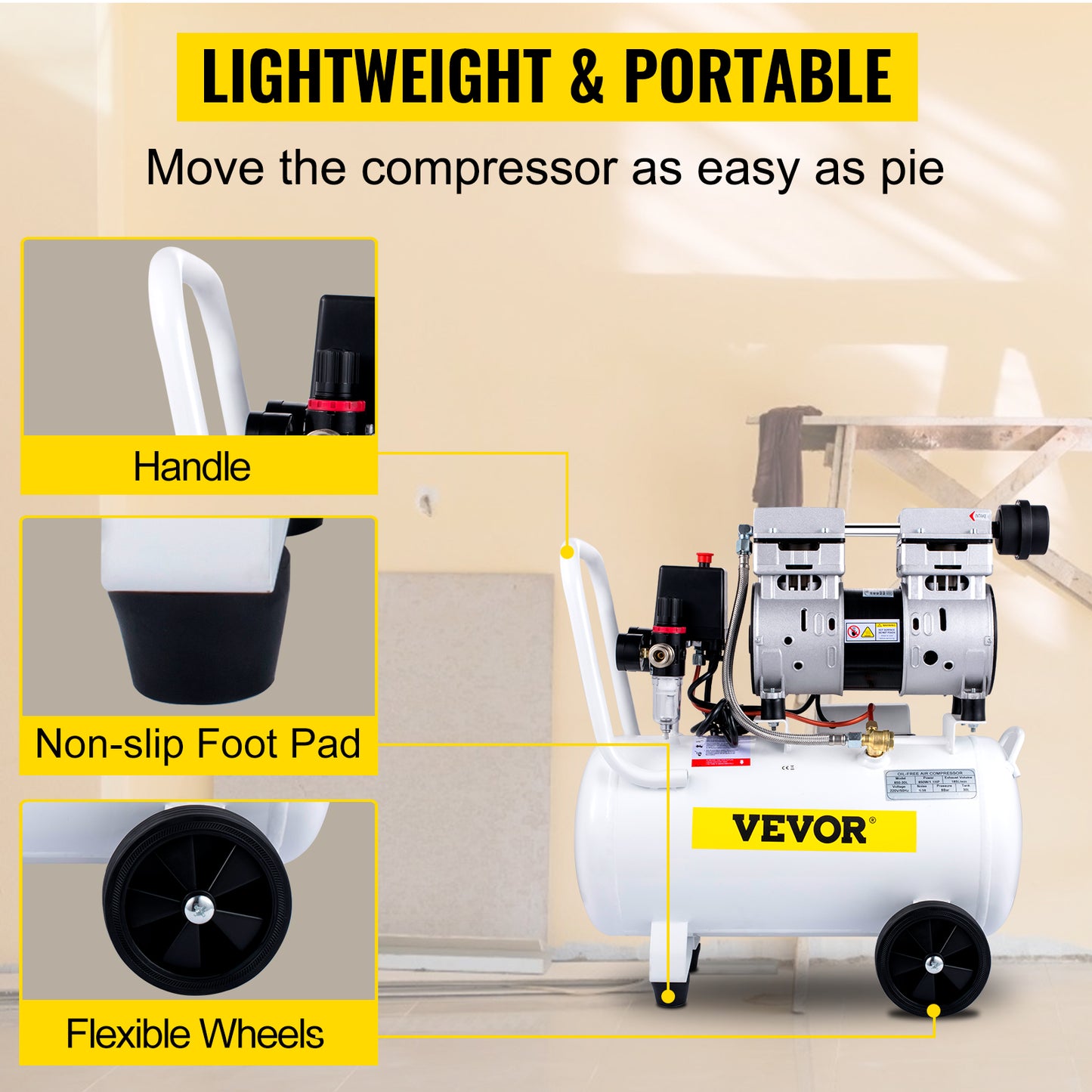 VEVOR 14/18/30/35 L Silent Whisper Compressor 850/1000/1500 W Quiet Oil-Free Compressor 1.1/1.5/2 HP For Workshop Tires Bicycle