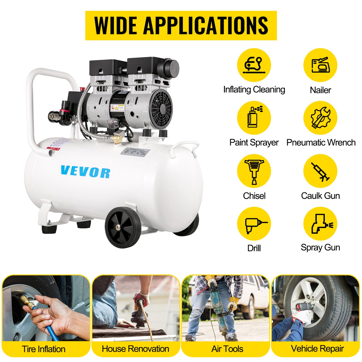 VEVOR 9L/30L Silent Air Compressor With Spray Gun Air Blow Gun Oil Free Air Compressor Pump For Homeuse Repair Tire Inflation