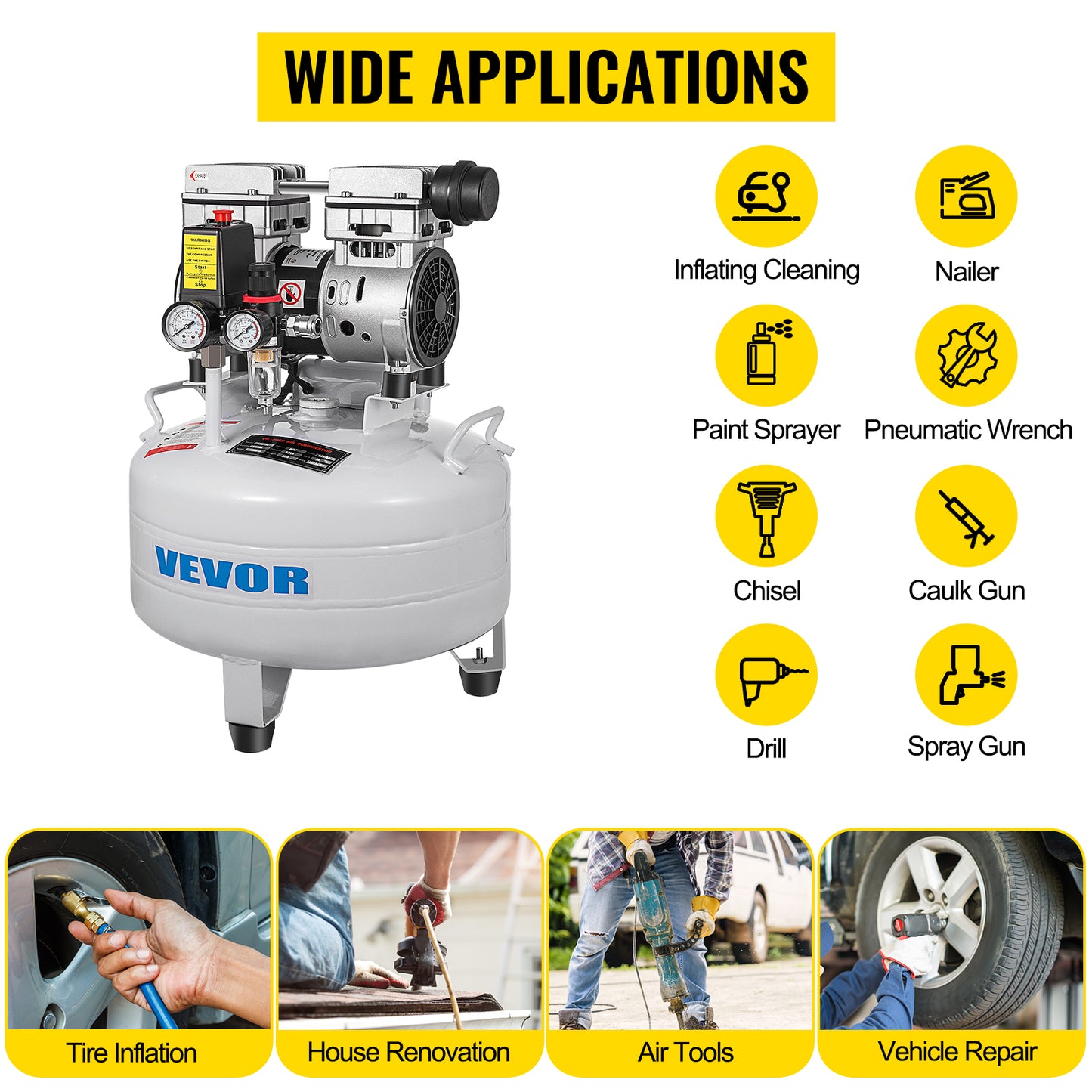 VEVOR Vertical Air Compressor 6.6/8.8 Gal Ultra Quiet Oil-Free Air Compressor 30L/40L Tank Silent Air Compressor 850W Low noise