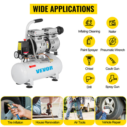 VEVOR 9L Silent Air Compressor with Pure Copper Motor 550W Oil-free Air Pump For Home Repair Tire Inflation Whisper Compressor