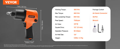 VEVOR Air Impact Wrench 1/2 inch Drive Air Impact Gun Up to 880ft-lbs 7500RPM Pneumatic Tool for Auto Repairs and Maintenance