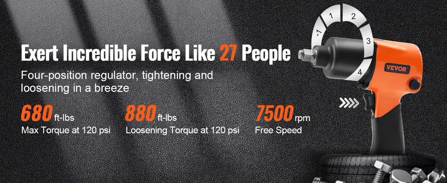 VEVOR Air Impact Wrench 1/2 inch Drive Air Impact Gun Up to 880ft-lbs 7500RPM Pneumatic Tool for Auto Repairs and Maintenance