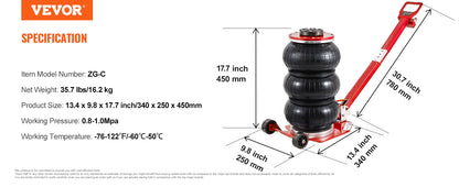 Cric pneumatique VEVOR, cric pneumatique à triple sac de 3 tonnes, cric pneumatique avec six tubes en acier, cric pneumatique à levage rapide 3-5 s, avec longue poignée réglable