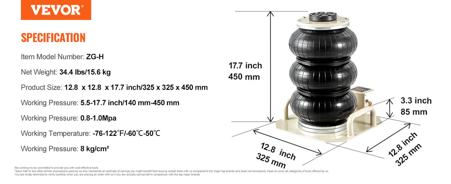 VEVOR Air Jack 3 Ton/6600 lbs Triple Bag Air Jack, Airbag Jack with Six Steel Pipes Pneumatic Jack for Car, Garage, Repair