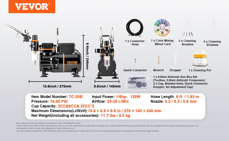 Kit aérographe VEVOR, compresseur d'air à double ventilateur, kit de système d'aérographe professionnel avec aérographes, roue de mélange, ensemble de brosses de nettoyage