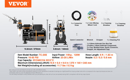 Kit aérographe VEVOR, compresseur d'air à double ventilateur, kit de système d'aérographe professionnel avec aérographes, roue de mélange, ensemble de brosses de nettoyage
