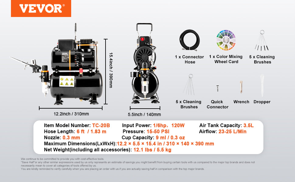 Kit aérographe VEVOR, compresseur d'air à double ventilateur, kit de système d'aérographe professionnel avec aérographes, roue de mélange, ensemble de brosses de nettoyage