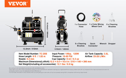 Kit aérographe VEVOR, compresseur d'air à double ventilateur, kit de système d'aérographe professionnel avec aérographes, roue de mélange, ensemble de brosses de nettoyage