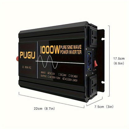 1pc 1000W Pure Sine Wave Inverter - Dual Polarity, DC 12V-230V AC Power Converter with LCD Display, USB Port & Wireless Remote Control, Aluminum Alloy Case, Soft Start Feature, European Standard, Dual Sockets, Machine Protect