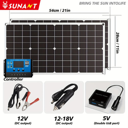 Sunant 2X60W Panou solar cu două panouri, încărcător solar portabil, cu controler 60A, suportă încărcarea interfeței USB și DC, potrivit pentru RV, mașină, camping în aer liber, încărcător eficient