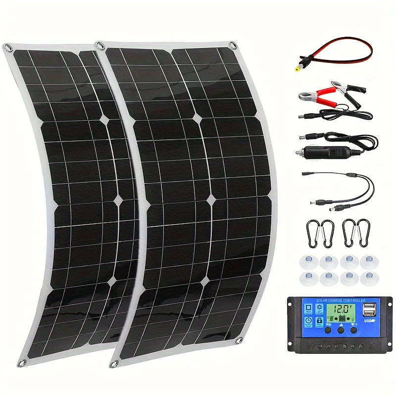 Sunant 2X60W Panou solar cu două panouri, încărcător solar portabil, cu controler 60A, suportă încărcarea interfeței USB și DC, potrivit pentru RV, mașină, camping în aer liber, încărcător eficient