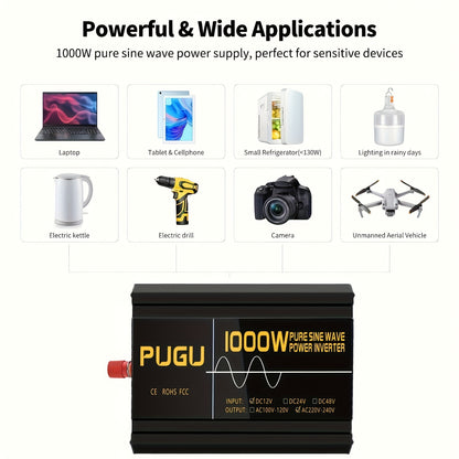 1pc 1000W Pure Sine Wave Inverter - Dual Polarity, DC 12V-230V AC Power Converter with LCD Display, USB Port & Wireless Remote Control, Aluminum Alloy Case, Soft Start Feature, European Standard, Dual Sockets, Machine Protect