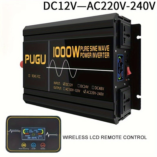 1 invertor cu undă sinusoidală pură de 1000 W - Polaritate dublă, Convertor de putere DC 12V-230V AC cu afișaj LCD, Port USB și telecomandă fără fir, Carcasă din aliaj de aluminiu, Funcție de pornire moale, Standard european, Prize duble, Protectie mașină