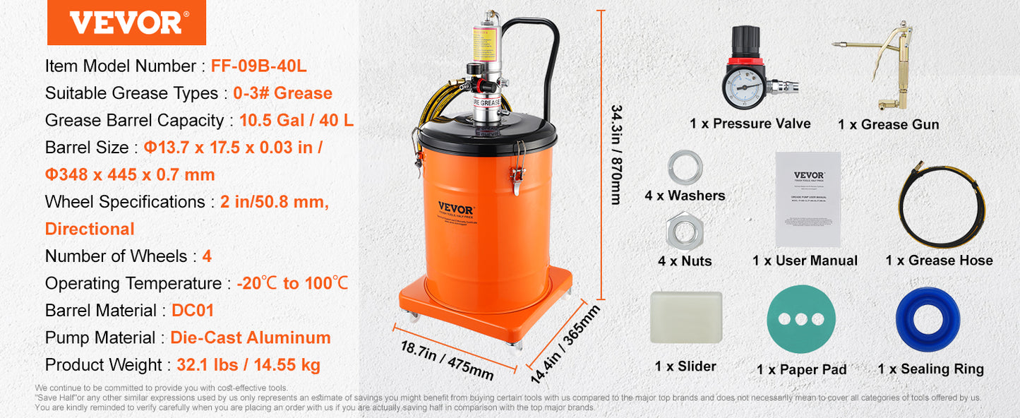 VEVOR 3/5/10.5 Gallon Grease Pump Air Operated with Hose Pneumatic Grease Bucket Gun and Wheels for Cars 50:1 Pressure Ratio