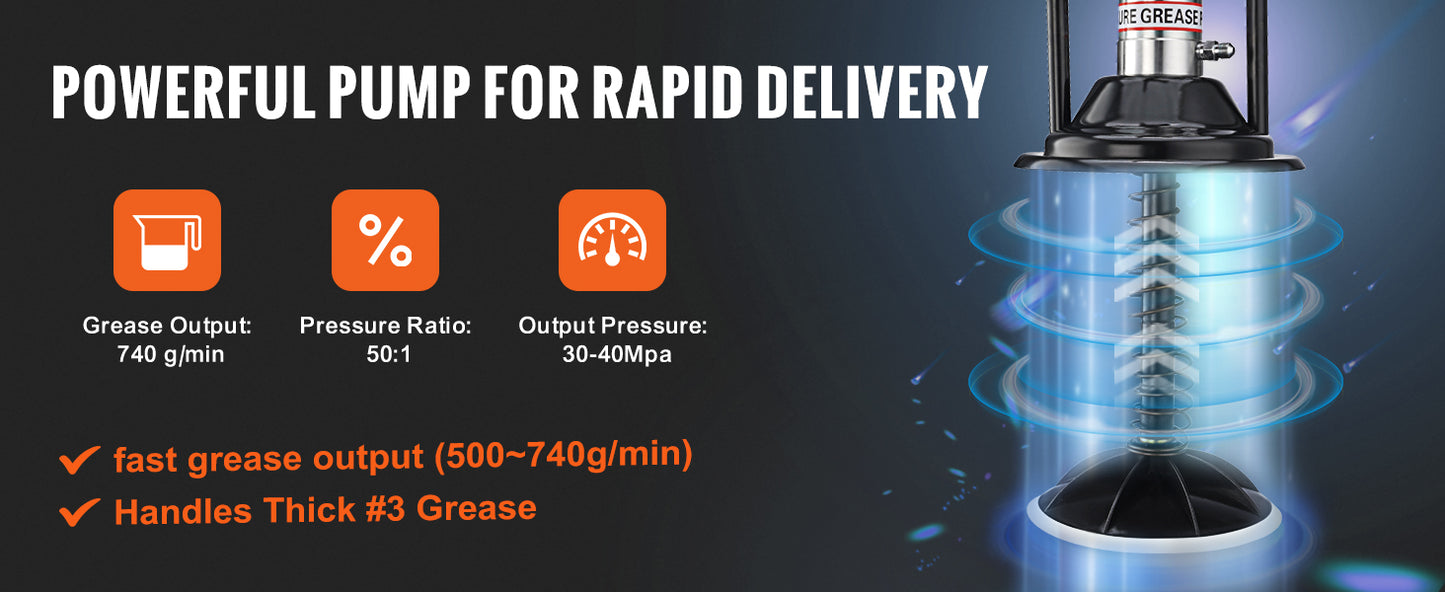 VEVOR 3/5/10.5 Gallon Grease Pump Air Operated with Hose Pneumatic Grease Bucket Gun and Wheels for Cars 50:1 Pressure Ratio