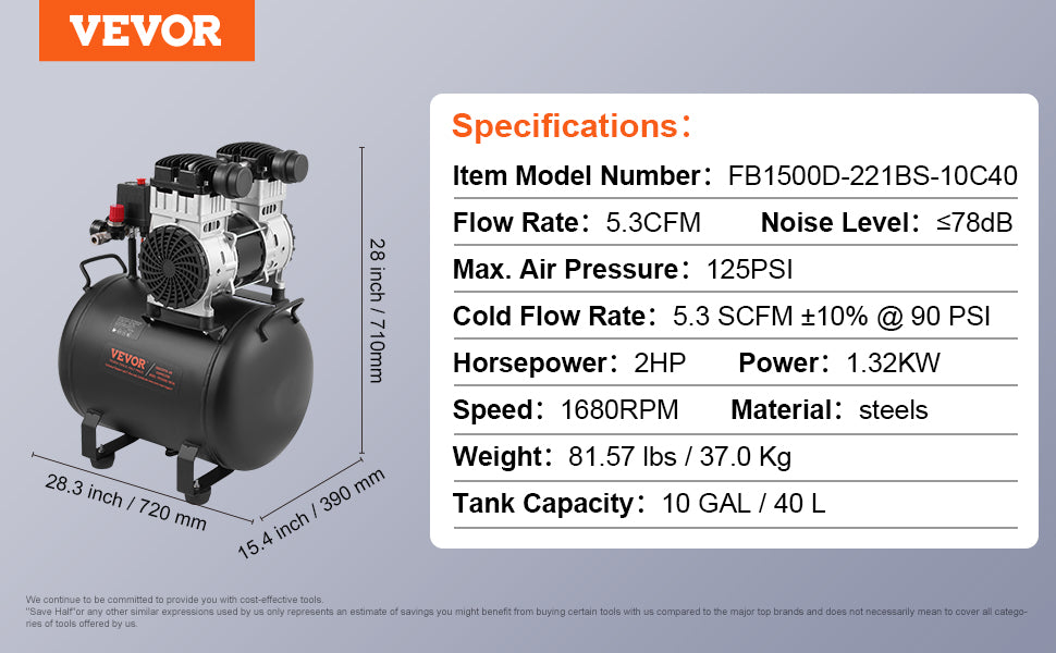 Compresseur d'air VEVOR 750W/1450W/3000W Compresseur d'air sans huile Pompe de compresseur portable silencieuse pour réparation automatique Gonflage des pneus à la maison