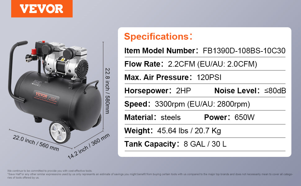 Compresseur d'air VEVOR 750W/1450W/3000W Compresseur d'air sans huile Pompe de compresseur portable silencieuse pour réparation automatique Gonflage des pneus à la maison