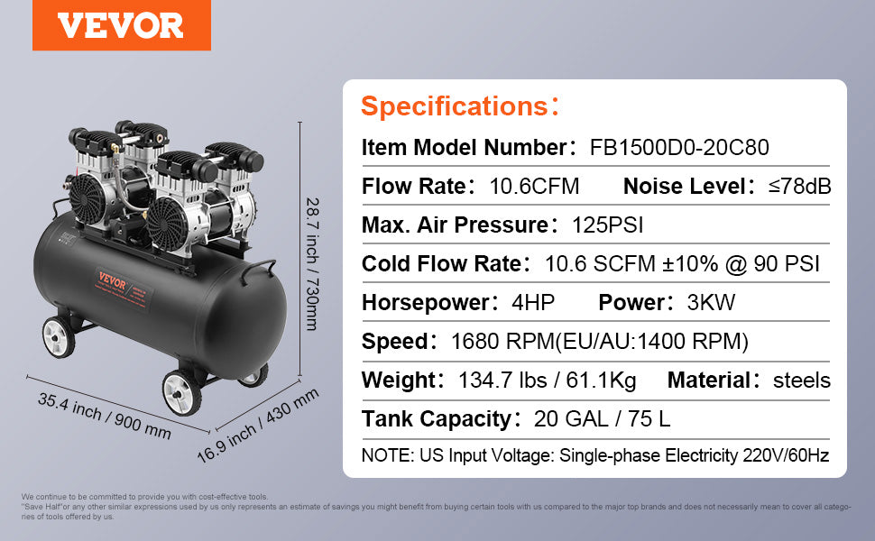 Compresseur d'air VEVOR 750W/1450W/3000W Compresseur d'air sans huile Pompe de compresseur portable silencieuse pour réparation automatique Gonflage des pneus à la maison