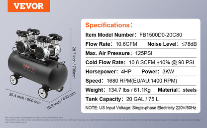 Compresseur d'air VEVOR 750W/1450W/3000W Compresseur d'air sans huile Pompe de compresseur portable silencieuse pour réparation automatique Gonflage des pneus à la maison