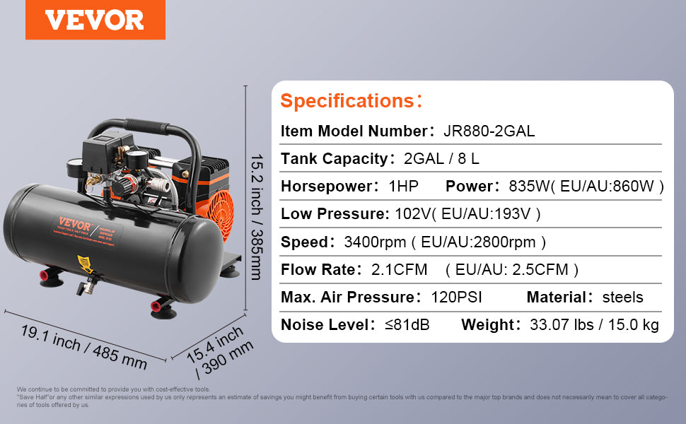 Compresseur d'air VEVOR 750W/1450W/3000W Compresseur d'air sans huile Pompe de compresseur portable silencieuse pour réparation automatique Gonflage des pneus à la maison