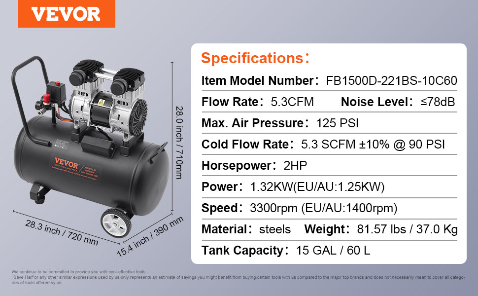 Compresseur d'air VEVOR 750W/1450W/3000W Compresseur d'air sans huile Pompe de compresseur portable silencieuse pour réparation automatique Gonflage des pneus à la maison