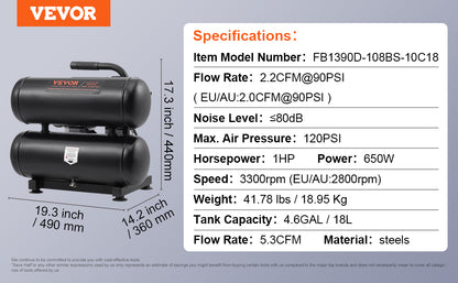 Compresseur d'air VEVOR 750W/1450W/3000W Compresseur d'air sans huile Pompe de compresseur portable silencieuse pour réparation automatique Gonflage des pneus à la maison