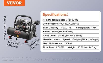 Compresseur d'air VEVOR 750W/1450W/3000W Compresseur d'air sans huile Pompe de compresseur portable silencieuse pour réparation automatique Gonflage des pneus à la maison