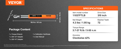 VEVOR 3/8" 1/2" Digital Torque Wrench Drive Electronic Torque Wrench Torque Wrench Kit 3.7-37/25-250ft.lb Torque Accurate Range