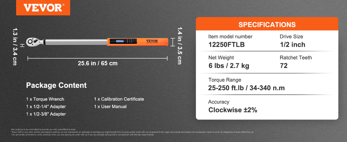 VEVOR 3/8" 1/2" Digital Torque Wrench Drive Electronic Torque Wrench Torque Wrench Kit 3.7-37/25-250ft.lb Torque Accurate Range
